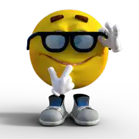 a cartoon smiley face wearing glasses and gray shoes