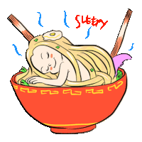 a cartoon of a person sleeping in a bowl of noodles