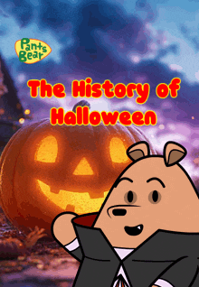 pants bear shows the history of halloween with a carved pumpkin in the background