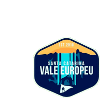 a logo for santa catarina vale europeu shows a person climbing a mountain