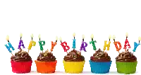 a row of colorful birthday cupcakes with candles that say happy birthday