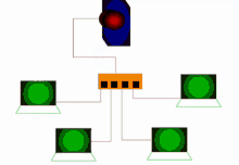 a drawing of a computer network with green and red squares