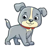 a cartoon drawing of a puppy with a red collar and a bone around its neck