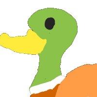 a green duck with a yellow beak and a black eye