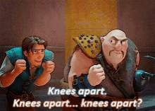 two cartoon characters are standing next to each other and one of them says knees apart knees apart knees apart ?