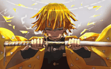 a boy with yellow hair is holding a sword in his hands