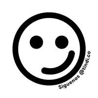 a black and white smiley face with the words siguenos @ tindi.co around it