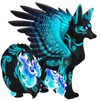 a drawing of a black wolf with blue wings and flames