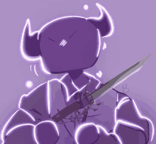 a drawing of a purple demon with horns holding a sword