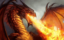 a dragon is breathing fire from its mouth and wings .