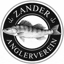 a black and white logo for zander anglerverein with a fish in a circle