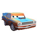 a cartoon car from the movie cars with a blue hood and orange and blue paint job .