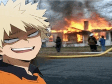 a cartoon character is smiling in front of a house on fire .