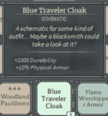 a blue traveler cloak is a schematic for some kind of outfit maybe a blacksmith could take a look at it