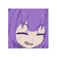 a close up of a cartoon character 's face with purple hair and a purple background .