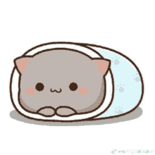 a cartoon cat is wrapped in a blanket and looking at the camera .