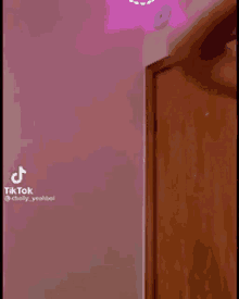 a person is standing in front of a door in a room with a pink wall .