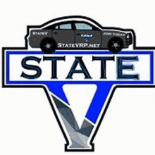 a state v logo with a police car in the middle .