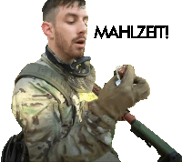 a man in a military uniform with mahlzeit written in black