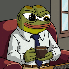 a cartoon of a frog wearing a tie and holding a cup of coffee