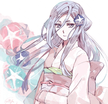 a drawing of a girl with long white hair and a blue star in her hair