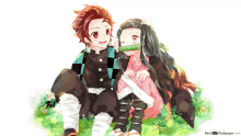 a boy and a girl from demon slayer are sitting next to each other in the grass