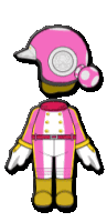 a cartoon drawing of a person wearing a pink helmet and a pink suit .