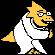 a pixel art drawing of a yellow and white monster with glasses and a white shirt .