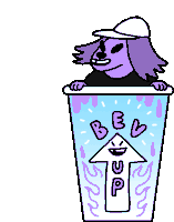 a cartoon drawing of a purple dog in a cup that says ' bev up ' on it