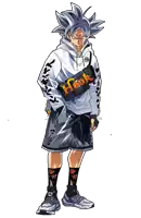 a drawing of a person wearing a white hoodie and black shorts