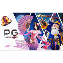 a poster for pg pocket games soft shows a girl in a pink dress holding a fan