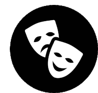 a black circle with two comedy and tragedy masks inside of it