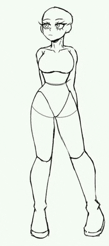 a black and white drawing of a girl in a bikini standing .