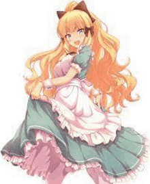 a blonde anime girl with long hair is wearing a pink and green dress and apron .