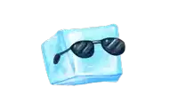 a blue ice cube wearing sunglasses on a white background