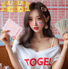 a woman wearing a white shirt with the word togel on it