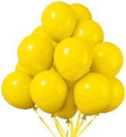 a bunch of yellow balloons are stacked on top of each other on a white background