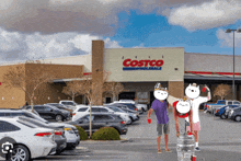 a group of people are standing in front of a costco store