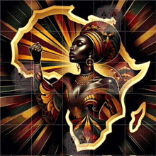 a painting of a woman standing in front of a map of africa