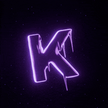 a glowing purple letter k against a dark purple background