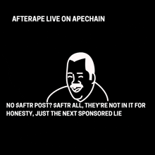 a black and white drawing of a smiling man with the words afterrape live on apechain