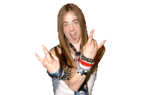 a woman with long hair and bracelets on her wrists is making a rock and roll sign