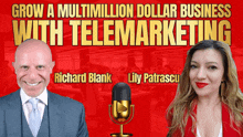 a man and a woman are on a red background with the words grow a multimillion dollar business with telemarketing above them