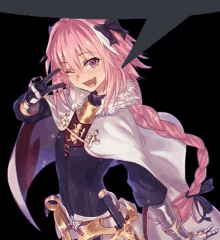 a girl with pink hair and a sword is making a peace sign with her hand .