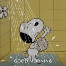 a cartoon of snoopy taking a shower in a bathroom