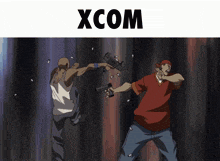 a cartoon of two men fighting with the word xcom above them