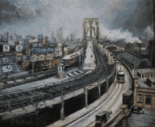 a painting of a city with a bridge and a sign that says 59