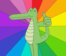 a cartoon alligator giving a thumbs up with a rainbow background