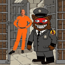 a man in orange jumpsuit stands next to a cartoon character