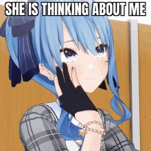 a blue haired anime girl is thinking about herself